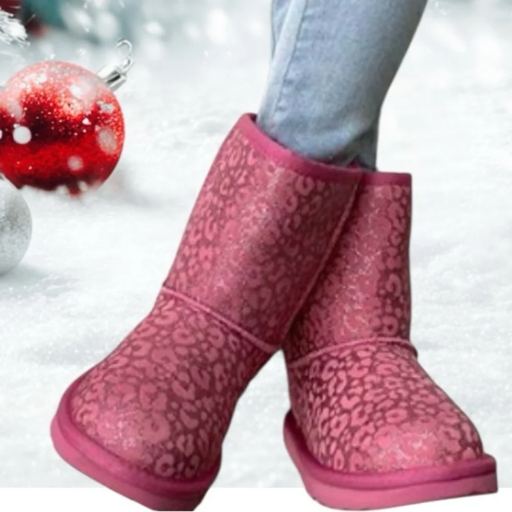 UGG Australia Classic ll Glitter Leopard Print Boots Pink Size youth 4